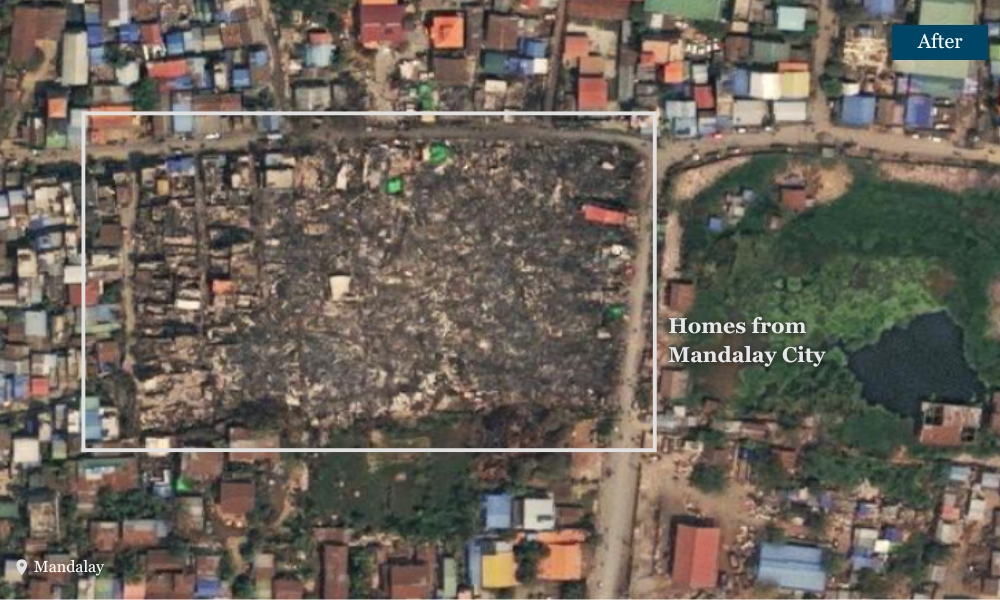 Before and after comparison of homes in Mandalay flattened by the earthquake