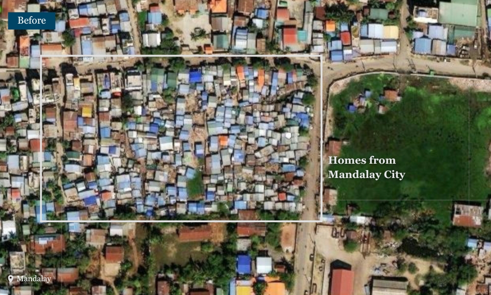 Before and after comparison of homes in Mandalay flattened by the earthquake