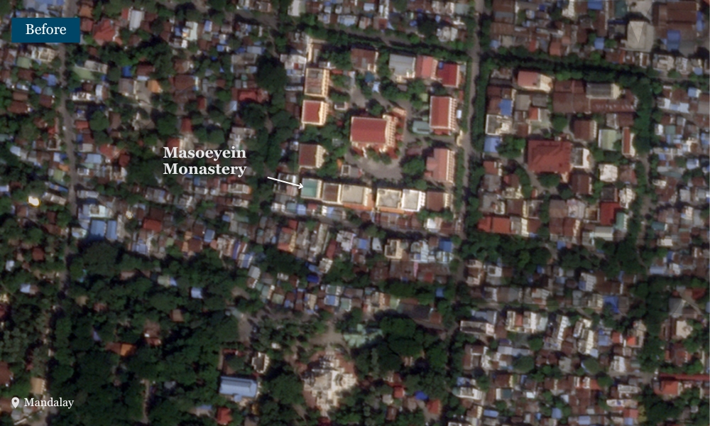 Before and after comparison of Masoeyein Monastery in Mandalay showing earthquake damage