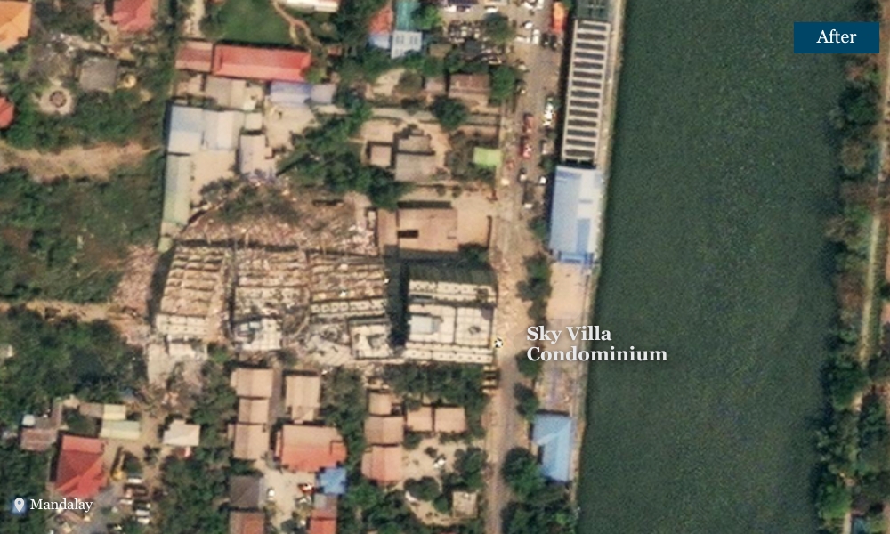 Before and after comparison of Sky Villa Condo in Mandalay showing earthquake damage