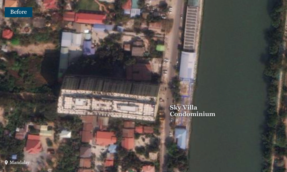 Before and after comparison of Sky Villa Condo in Mandalay showing earthquake damage
