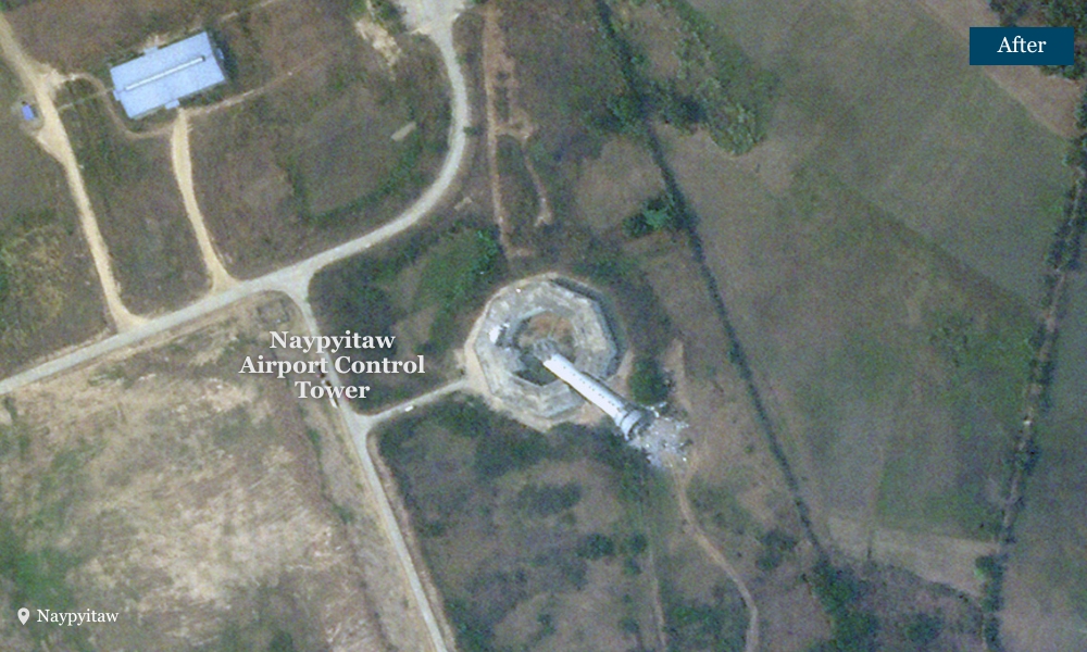 Before and after comparison of Naypyitaw Airport’s control tower, showing its collapse after the earthquake