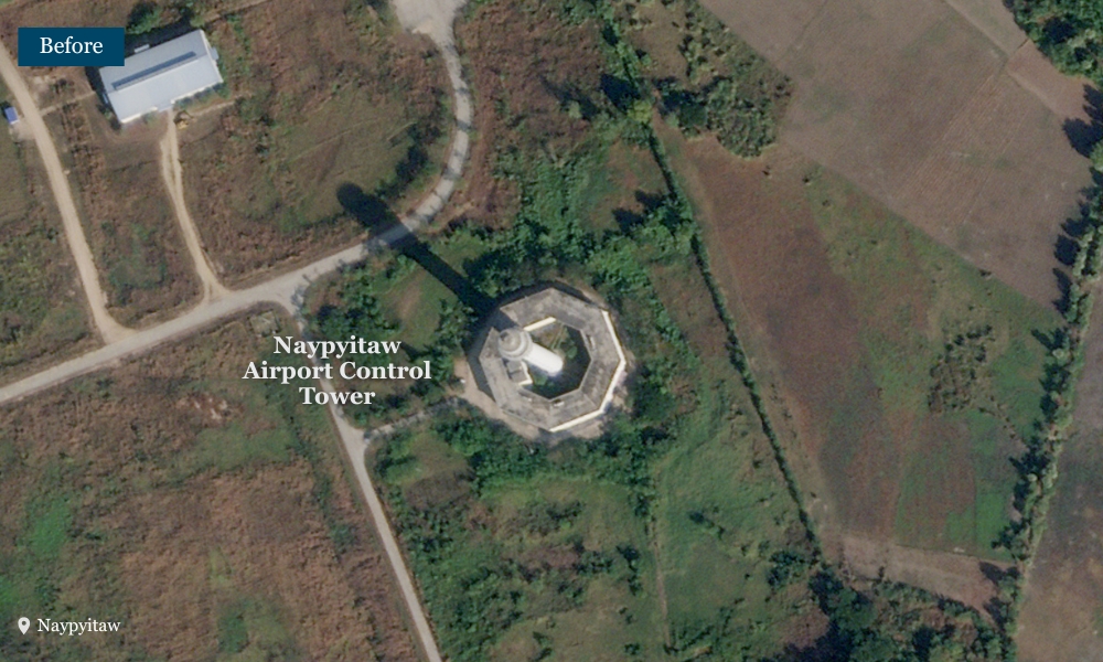 Before and after comparison of Naypyitaw Airport’s control tower, showing its collapse after the earthquake