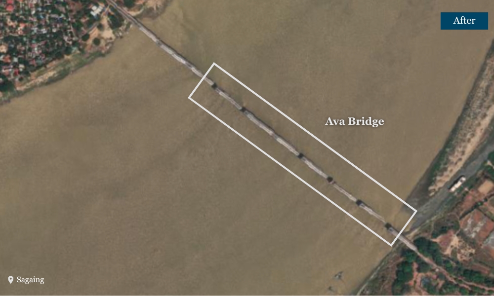 Before and after comparison of Sagaing’s Ava Bridge showing damage from the earthquake