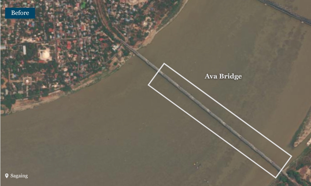 Before and after comparison of Sagaing’s Ava Bridge showing damage from the earthquake