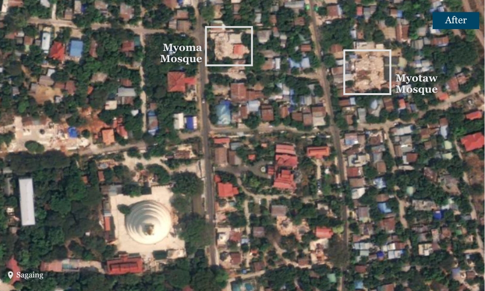 Before and after comparison of mosques in Sagaing showing damage from the earthquake