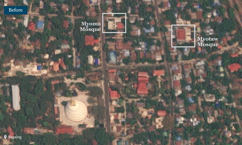 Before and after comparison of mosques in Sagaing showing damage from the earthquake